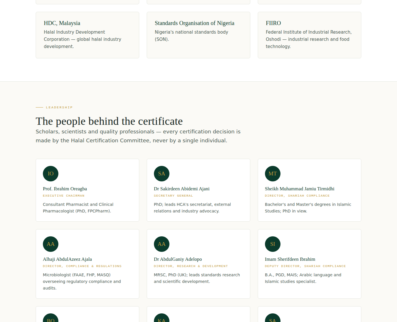 About page of the redesigned site showing HCA's international partnerships and leadership team