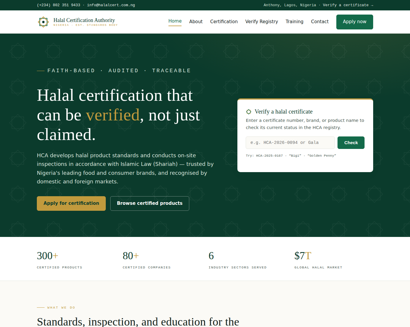 Redesigned Halal Certification Authority homepage with live certificate verification