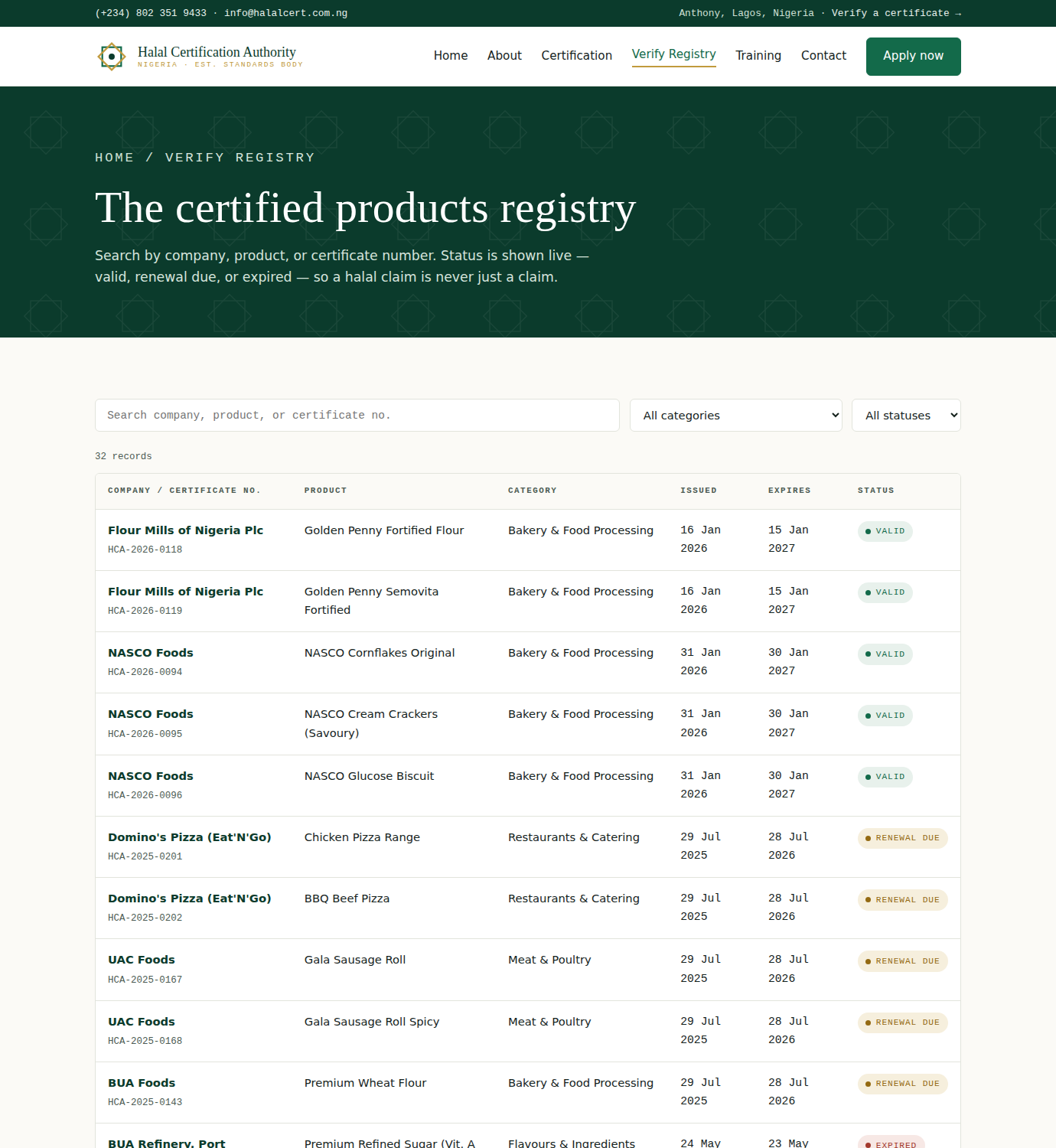 The Verify Registry page: searchable certified products table with live-computed Valid, Renewal Due and Expired status badges